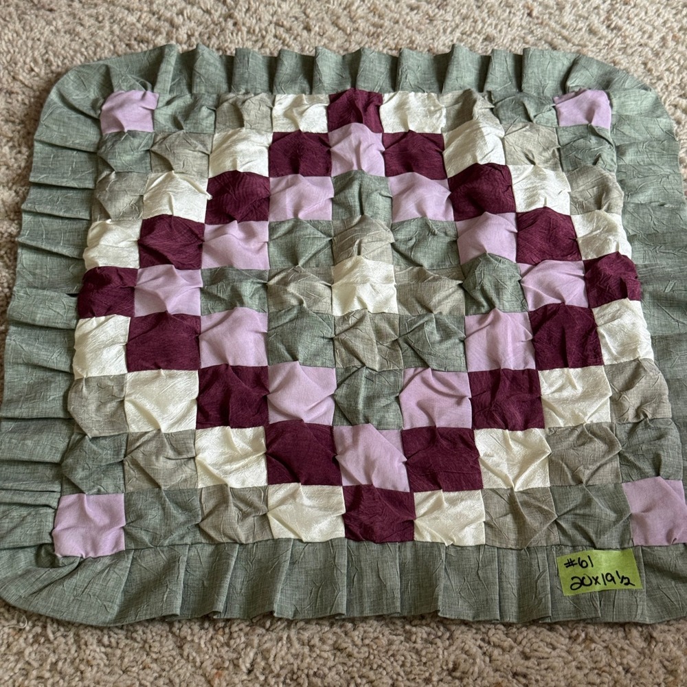 Handmade Puff Quilt Pillow Sham Patchwork Ruffled Sage Green Plum 20x19.5